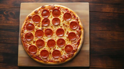 hunger. A delicious pepperoni pizza sits on a rustic wooden board, captured from an overhead angle. representing modern convenience.