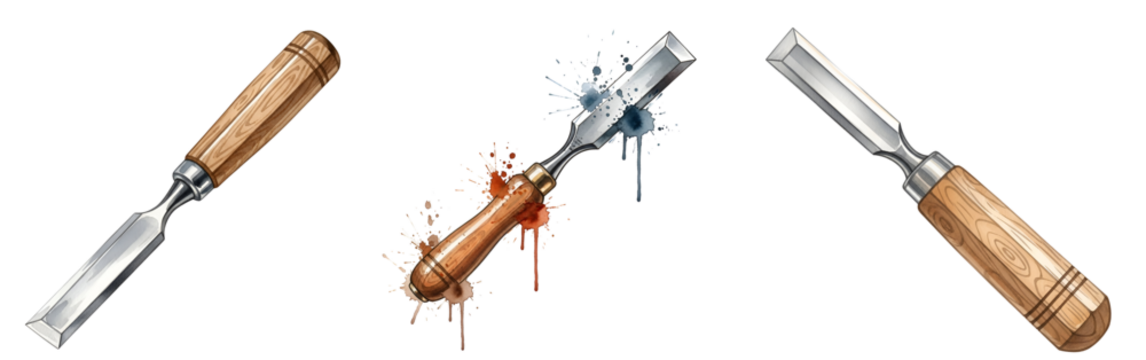 Woodworking chisels set professional hand tools for wood carving carpentry and joinery equipment on transparent background