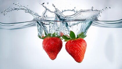 two strawberries dropping into water n commercial style photoshoot with water splashes n white background