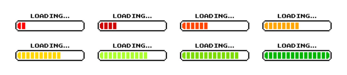 Naklejka na ściany i meble Pixelated loading bar icons representing progress stages
