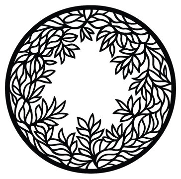 Circular floral ornament vector. Black silhouette with intricate leaf pattern. Round frame for laser cutting, stencil, CNC, or decorative design. Isolated on white background.