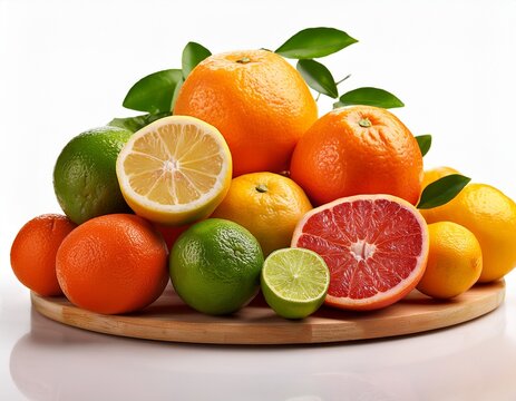 a bounty of fresh citrus fruits isolated on white background
