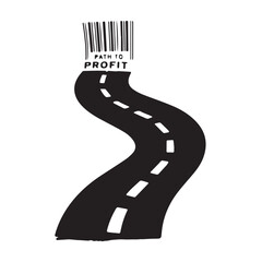 A winding road leads toward a barcode labeled path to profit