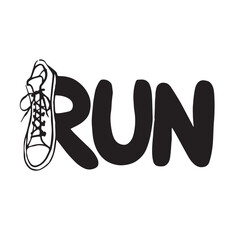 Black and white illustration of a running shoe with the word run