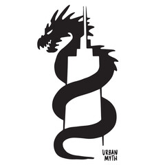 Black silhouette of a dragon intertwined with a building design