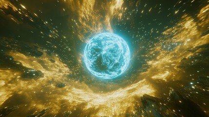 A futuristic glowing blue energy sphere orbiting through a dense gold-green nebula filled with glittering streams of translucent starlight