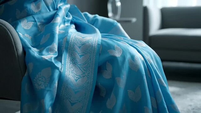 Elegant woman showcasing a beautiful vaira oosi silk saree in India indoors setting with grace