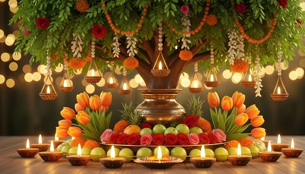 Amla Navami Celebration with Tulsi Plant and Traditional Pooja Setup Decorated with Flowers, Diyas and Offerings