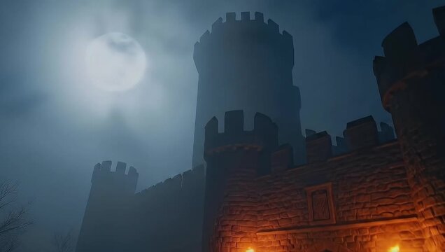 Haunted Castle Tower Illuminated by Torches Under Full Moon in Foggy Night
