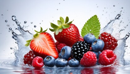 mixed berries in a splash cluster n commercial style photoshoot with water splashes n white background