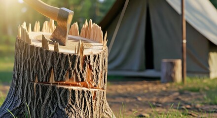 The Axe and Tent Camp: A rustic scene of a forest camp, where an ax rests in a precisely cut stump, implying craftsmanship or the essence of adventure.