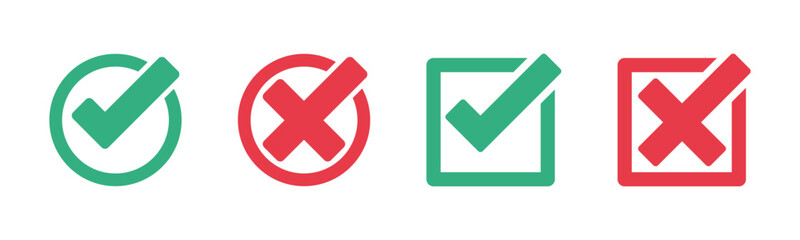 Checkmark and cross flat green and red circle and square shaped icons