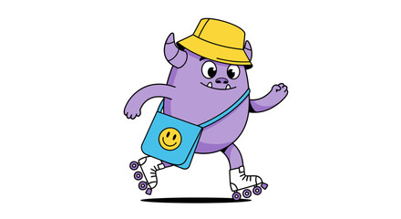 Fototapeta premium Whimsical violet monster on roller skates with a smiley face messenger bag on a vibrant day