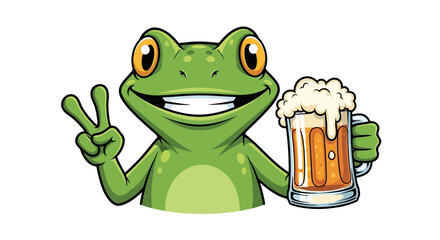 Cheerful amphibian promoting happy hour with foamy beer and victory hand gesture