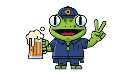 Cheerful frog cartoon character enjoying a beer and showing a peace sign on white background