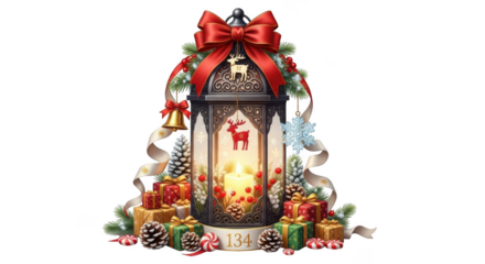 Festive christmas lantern with gifts, pine cones, and red bow isolated on transparent background
