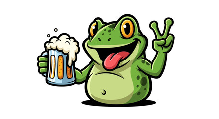 Cartoon frog holding a beer mug making a peace gesture, illustration graphic design