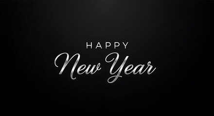 Obraz premium Photo of happy new year text with a sparkling silver font on a dark black background, perfect for festive greetings and celebrations