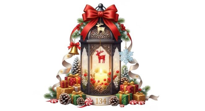 Festive christmas lantern with gifts, pine cones, and red bow isolated on transparent background - Powered by Adobe