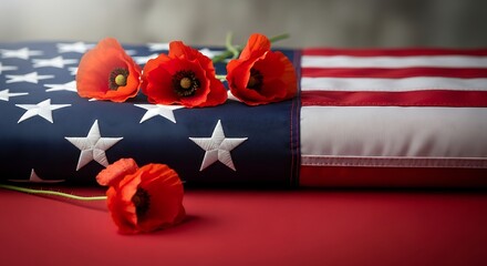 Obraz premium American flag with red poppies on red surface remembrance