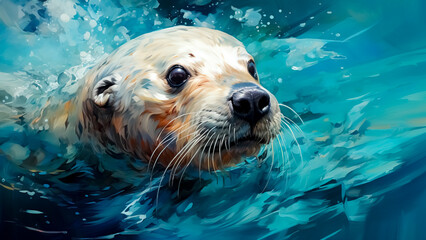 Fototapeta premium Painting of a Harp Seal Swimming. Arctic Wildlife Art, Beautiful Marine Mammal, Underwater Scene.