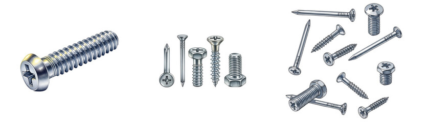 Assorted screws and nails hardware fasteners for construction and diy projects metal fasteners close up view on transparent background