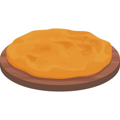 Golden Brown Round Flatbread Pastry on a Wooden Plate Isolated on White Background With No Shadows