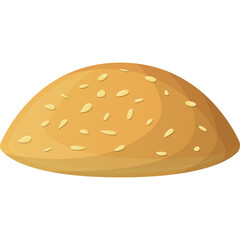 Golden Brown Round Bun with Sesame Seeds Isolated on White Background in Cartoon Style