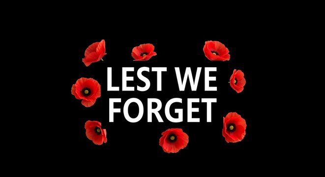 Lest We Forget text with red poppies on black background