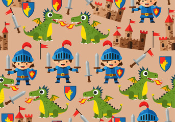 A whimsical medieval pattern repeats motifs of brave little knights, green fire-breathing dragons, sturdy castles, and trusty swords and shields