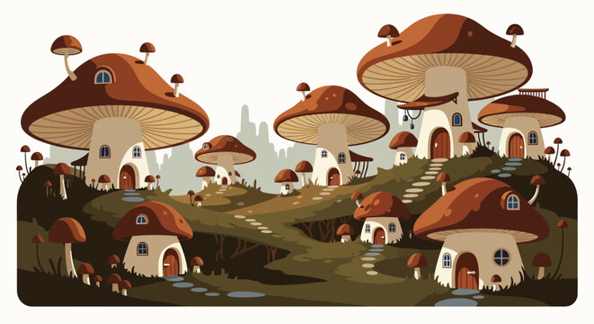 Charming Mushroom Village with Whimsical Toadstool Houses.