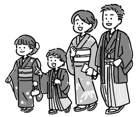 紋付袴、訪問着、振袖の着物を着た4人家族のモノトーンイラスト