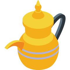 Golden Dallah Coffee Pot with Blue Stripes and Dark Handle on Transparent Background