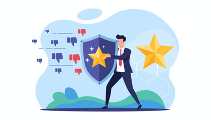 Business man protecting brand reputation and trust with a shield against negative feedback and thumbs down icons, symbolizing crisis management and positive customer experience, vector illustration