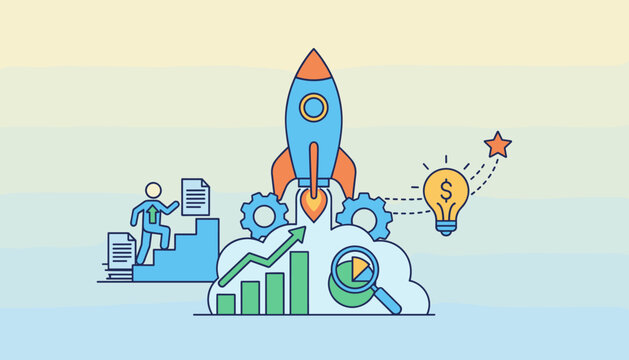 Vibrant vector illustration depicting the journey of a business project startup, featuring a rocket launching into the sky, symbolizing growth and ambition, alongside gears, charts, a magnifying