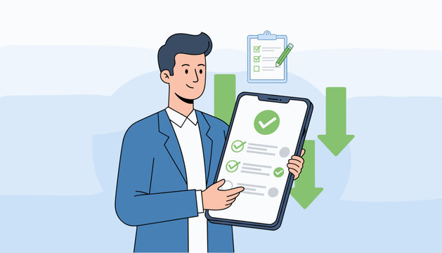 A smiling businessman in a blue suit holds a smartphone displaying a completed checklist with green checkmarks, symbolizing successful task completion and quality control, with a clipboard and pencil