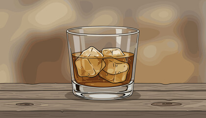 A refreshing glass of whiskey on the rocks, featuring large, translucent ice cubes chilling the amber-colored spirit, presented on a rustic wooden surface against a softly blurred background, perfect