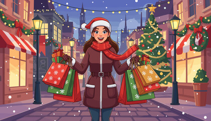 Joyful woman in Santa hat and scarf, carrying numerous Christmas shopping bags filled with gifts, walking down a festive, snow-covered street lined with illuminated shops and decorated trees