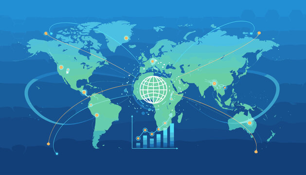 Global network connections and data visualization on a world map, featuring a central globe icon, interconnected lines, and a bar chart representing growth and analytics, symbolizing international