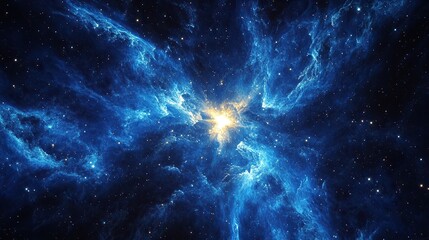 Fototapeta premium A luminous star cluster positioned between thin cascading sheets of indigo nebula with delicate crisscrossing lines of glowing stardust
