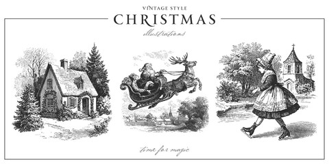 Set of traditional European Christmas scenes. Vintage engraving or ink drawing style vector illustration.
