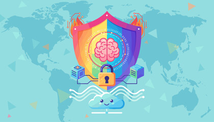 Vibrant digital illustration symbolizing cybersecurity and data protection, featuring a rainbow-colored shield with a brain icon, a padlock, connected servers, and a smiling cloud, set against a