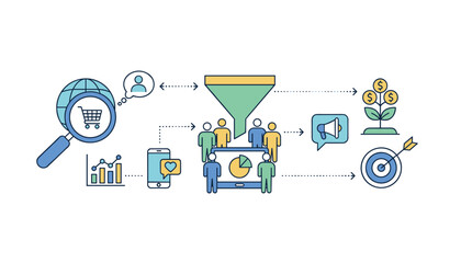 Concept of market research for business and social media engagement, illustrating customer acquisition funnel, data analysis, growth, and target achievement with icons like magnifying glass, shopping