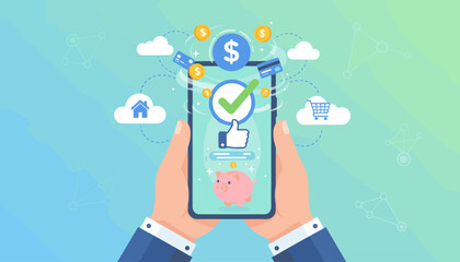 Concept of online banking and payment success, represented by a smartphone displaying a piggy bank, a thumbs-up icon, a large checkmark, and dollar coins, surrounded by credit cards, clouds, and