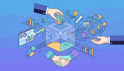 Conceptual illustration of data integration and consolidation, symbolizing business growth and collaboration through abstract elements like charts, puzzles, and hands shaking, set against a