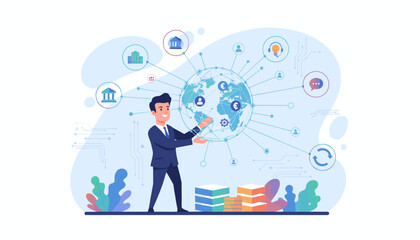 Smiling businessman in a suit holding a glowing globe with interconnected digital network lines, representing global business, customer relationships, and CRM management, surrounded by icons of