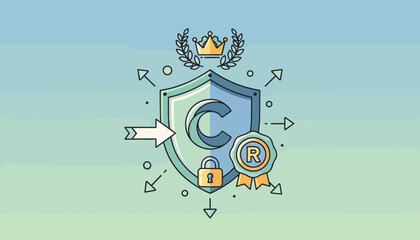 Abstract concept of copyright protection and intellectual property registration, symbolized by a shield with a 'C' and a lock, a crown, a trademark symbol 'R' medal, and directional arrows indicating