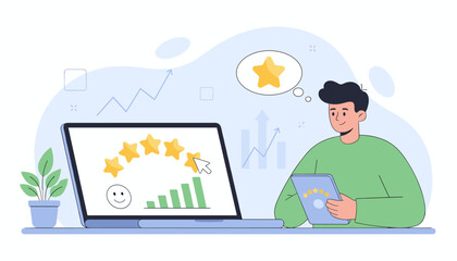 Customer rating and review concept showing user giving a five-star rating on a laptop screen and tablet, with positive feedback and growth charts in the background, illustrating satisfaction and