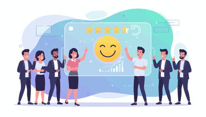 Diverse group of business professionals interacting with a futuristic interface displaying a five-star rating, a happy smiley face, and growth charts, symbolizing excellent customer service