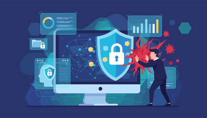 Cybersecurity and privacy concepts to protect data, a businessman defends a computer screen with a shield and lock icon from a virus attack, illustrating digital security and threat prevention in a